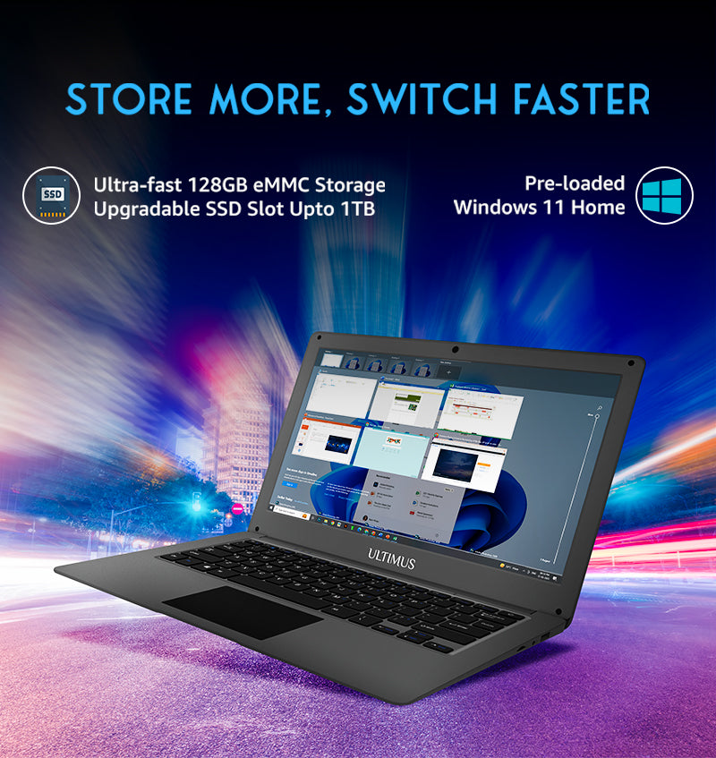ULTIMUS Pro Intel Celeron Dual Core Laptop 4GB RAM 128GB Emmc Expandable~512GB Win 11 Home Cloud Silver, 1.2 kg