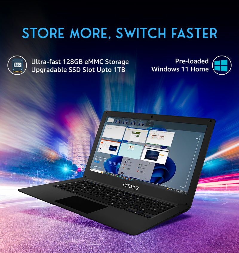 ULTIMUS Pro Intel Celeron Dual Core Laptop 4GB RAM 128GB Emmc Expandable~512GB Win 11 Home Black, 1.2 kg