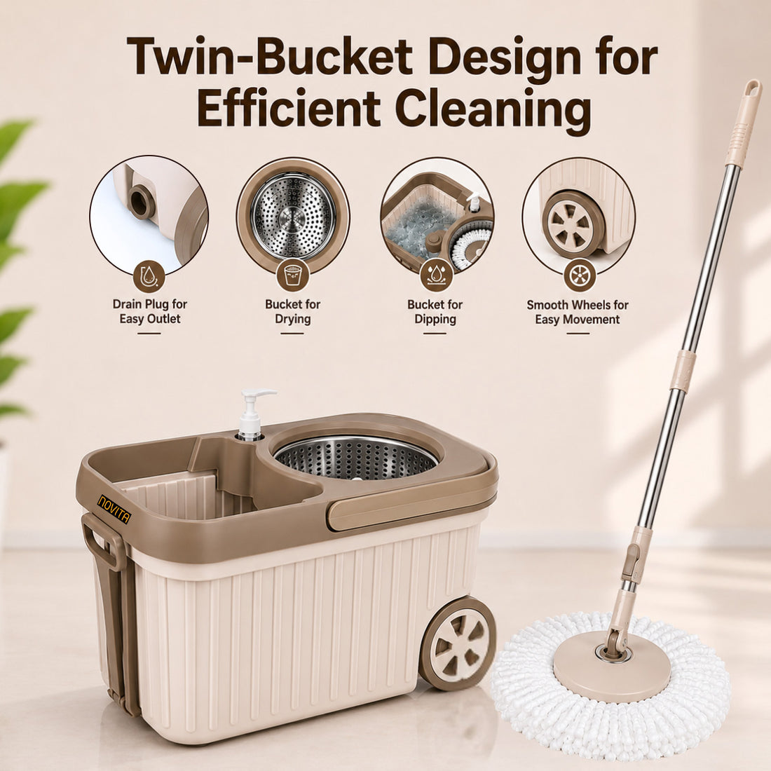 Novita Premium 360° Spin Mop Bucket Set | Steel Jali with Heavy Smart System | Easy Rinse | Telescopic Microfiber Mop & Soap Dispenser |1+1 Refill | Pocha | Big Wheels | Removes Over 99%* Bacteria