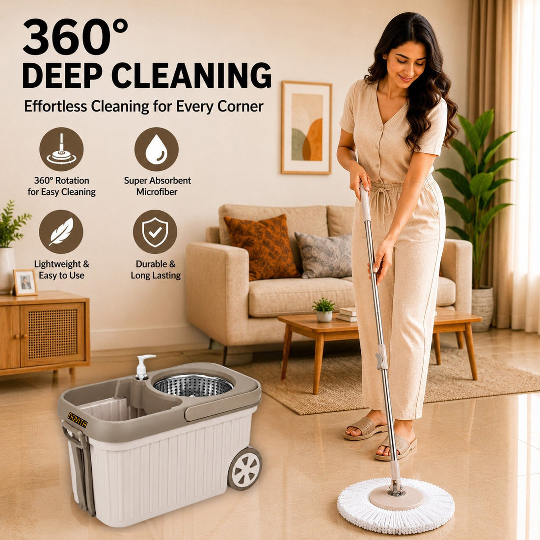Novita Premium 360° Spin Mop Bucket Set | Steel Jali with Heavy Smart System | Easy Rinse | Telescopic Microfiber Mop & Soap Dispenser |1+1 Refill | Pocha | Big Wheels | Removes Over 99%* Bacteria