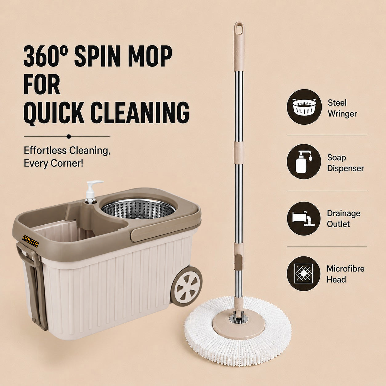 Novita Premium 360° Spin Mop Bucket Set | Steel Jali with Heavy Smart System | Easy Rinse | Telescopic Microfiber Mop & Soap Dispenser |1+1 Refill | Pocha | Big Wheels | Removes Over 99%* Bacteria