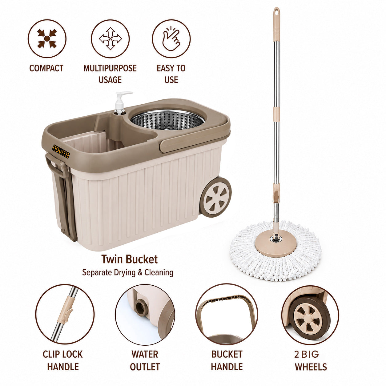 Novita Premium 360° Spin Mop Bucket Set | Steel Jali with Heavy Smart System | Easy Rinse | Telescopic Microfiber Mop & Soap Dispenser |1+1 Refill | Pocha | Big Wheels | Removes Over 99%* Bacteria
