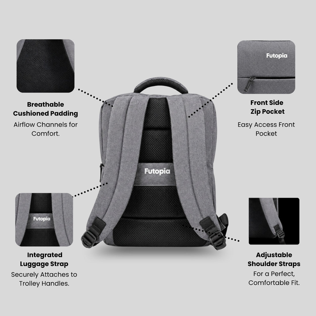 Futopia Premium 26L Capacity Backpack Casual Bag With Fit 15.6 Inch Laptop, Side And Front Side Zipp Store, Luggage Strap, Lightweight & Durable Design For Men & Women Perfect For Office & College - Grey