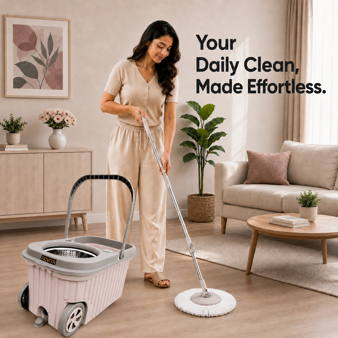 Novita Premium 360° Spin Mop Bucket Set | Steel Jali with Heavy Smart System | Easy Rinse | Telescopic Microfiber Mop & Soap Dispenser |1+1 Refill | Pocha | Big Wheels | Removes Over 99%* Bacteria