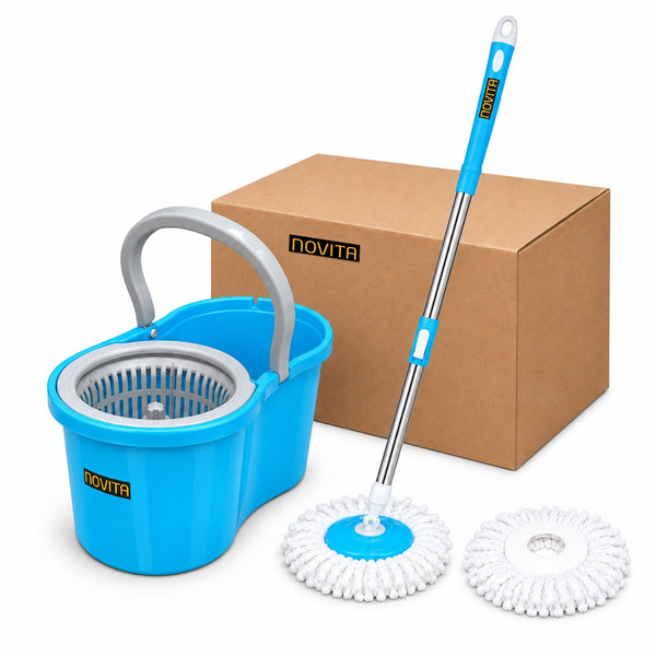 Novita Bucket Spin Mop Set with Easy Wring & Rinse System | 360° Telescopic Adjustable Handle | High Absorbency Microfiber Floor Mop | Removable Wringer | Bucket Set with 1 Extra Refill (Blue)