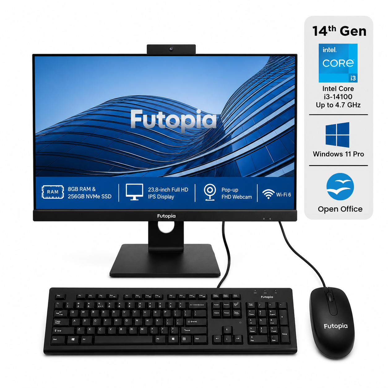 FUTOPIA A111261 All-in-One Desktop PC | Intel Core i3-14100 | 23.8" Full HD IPS Display | 8GB DDR4 RAM | 256GB NVMe SSD | Windows 11 Pro | WiFi 6 | Webcam & Mic